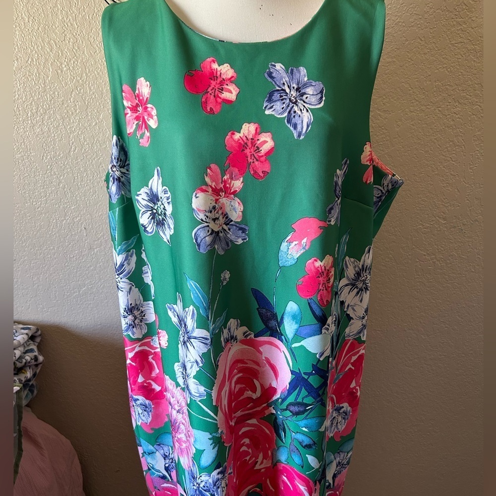 Roz & Ali Green Pink Floral Shift Dress Sleeveless Stretch Size 20 - Picture 2 of 8
